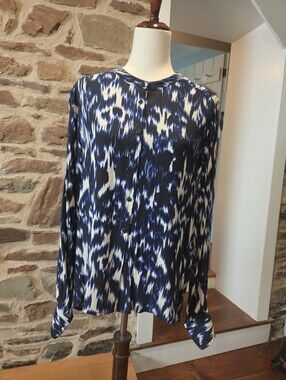 Part Two Abstract Ikat Blue, Black & White Button-Front Women's Blouse